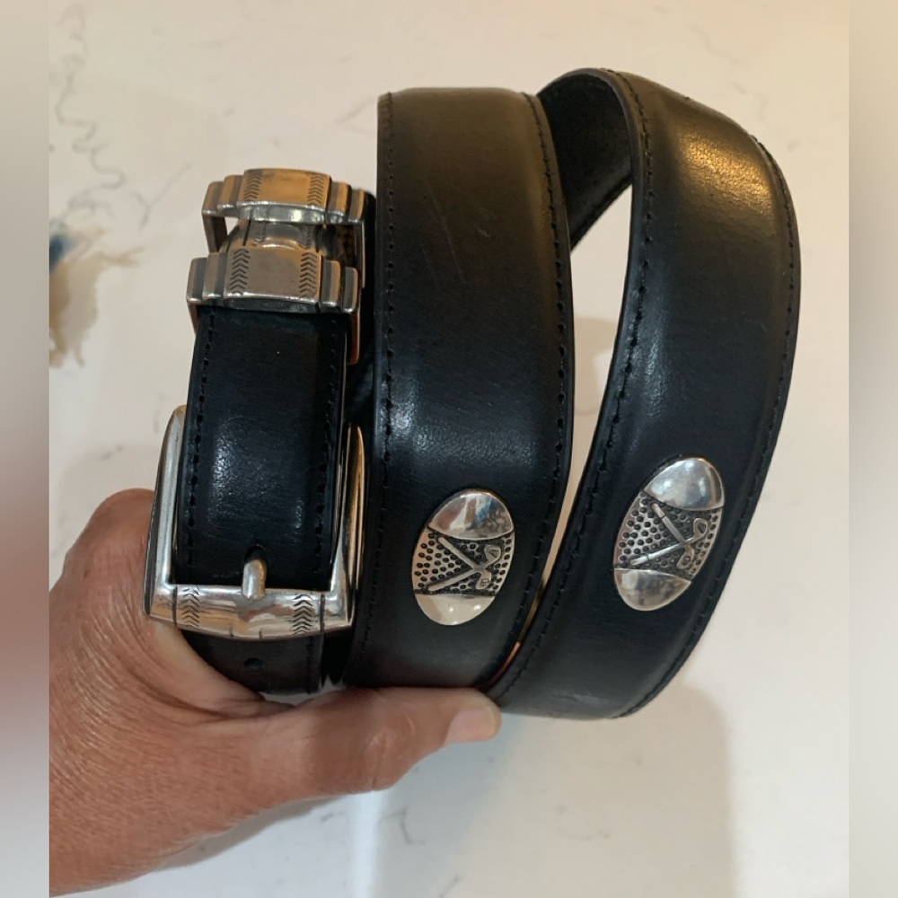 AML 3000 Mens Top Grain Oil Black Leather Golf Club Belt Silver Accents Size 42